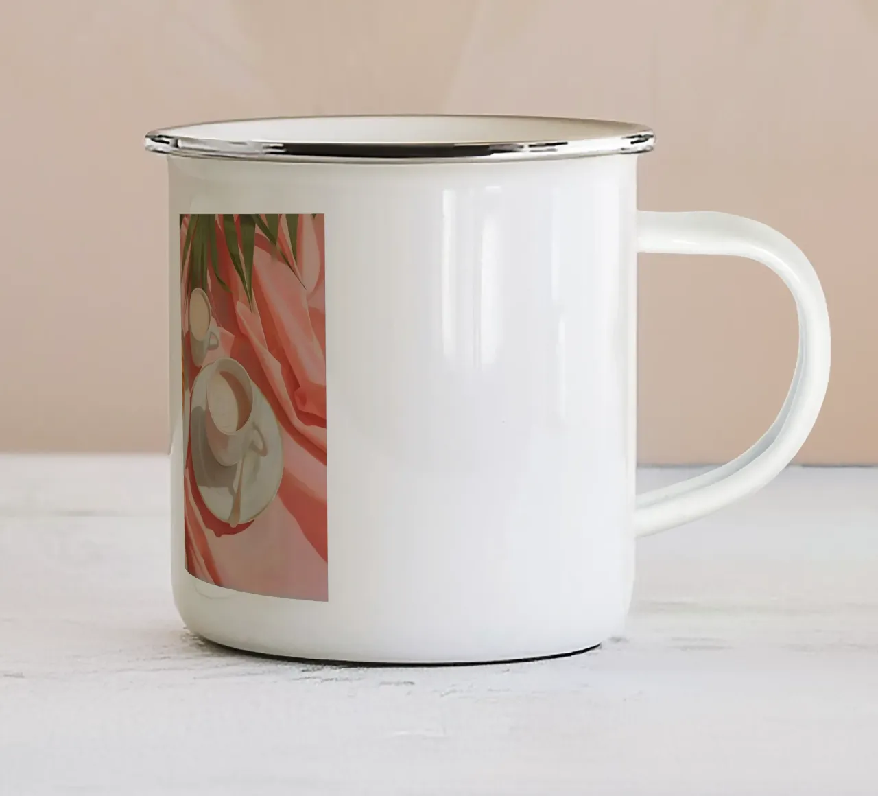 Natura morta: Croissant e caffè - Colazione estetica, rosa tazza in smalto da ClubArt