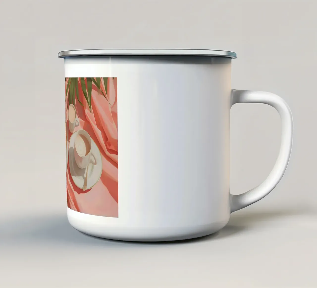 Natura morta: Croissant e caffè - Colazione estetica, rosa tazza in smalto da ClubArt
