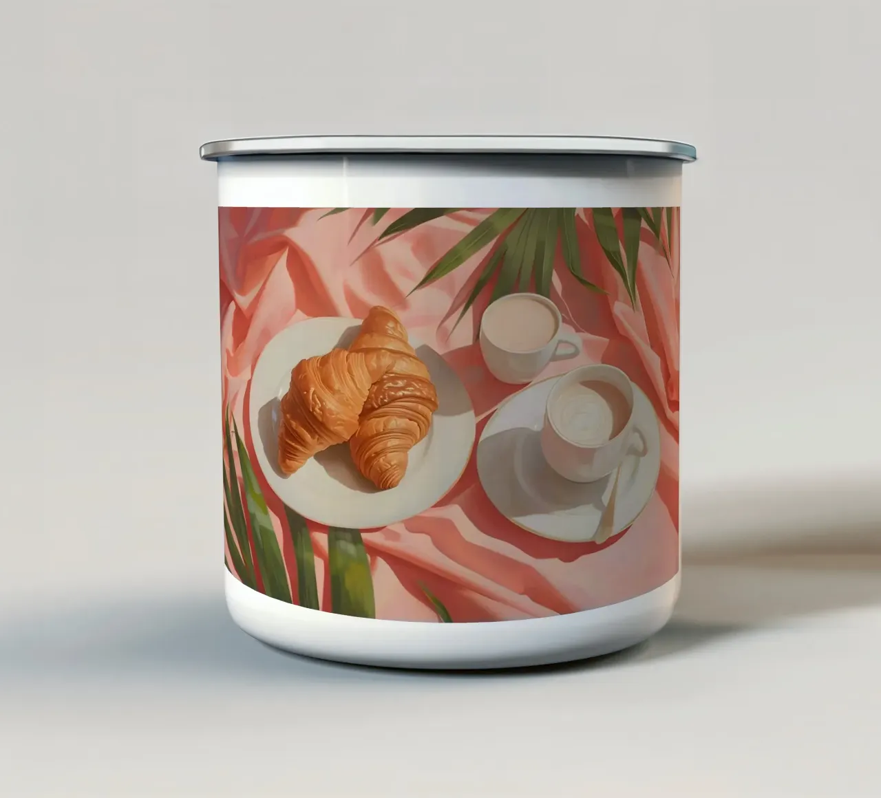 Natura morta: Croissant e caffè - Colazione estetica, rosa tazza in smalto da ClubArt