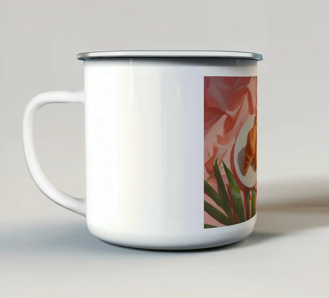 Natura morta: Croissant e caffè - Colazione estetica, rosa tazza in smalto da ClubArt