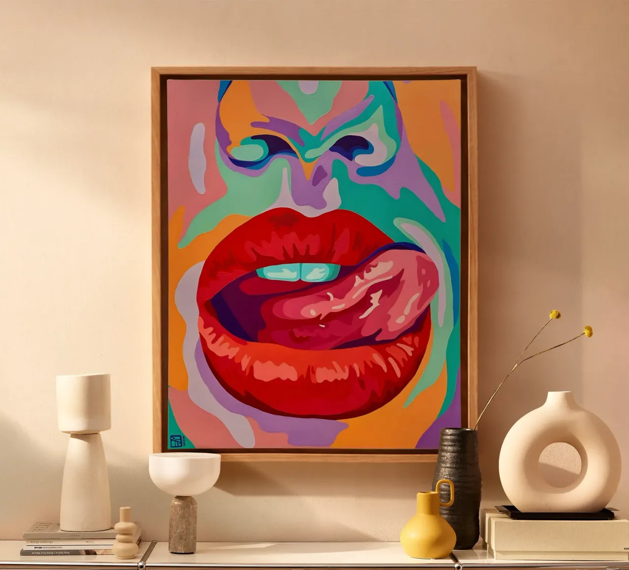 Labbra pop vibranti, arte pop, espressione audace tela con Cornice a cassetta da ClubArt