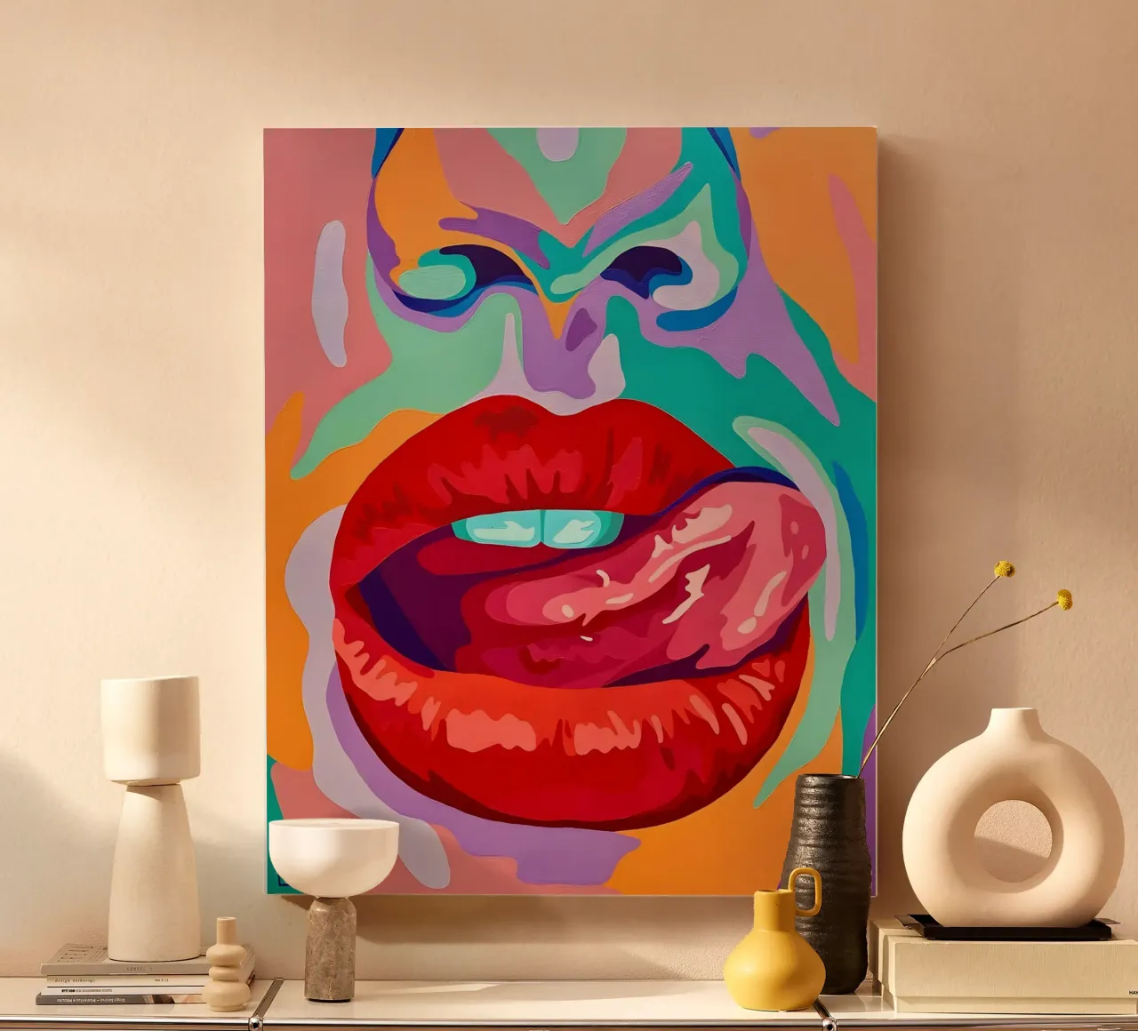 Labbra pop vibranti, arte pop, espressione audace tela con Cornice a cassetta da ClubArt