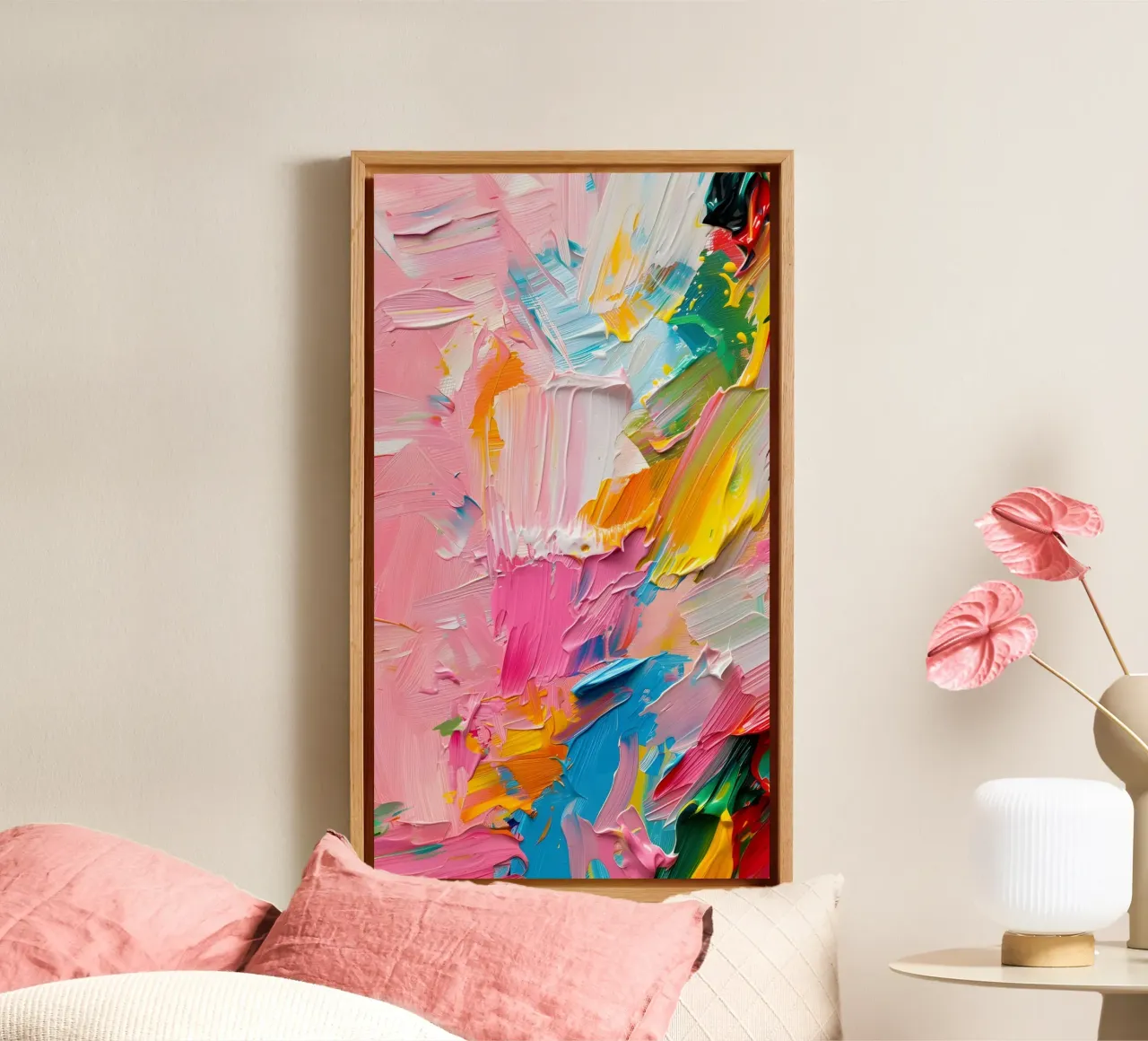 Levendige Abstracte Impasto Kunstdruk - Modern Structuur Roze canvas van ClubArt