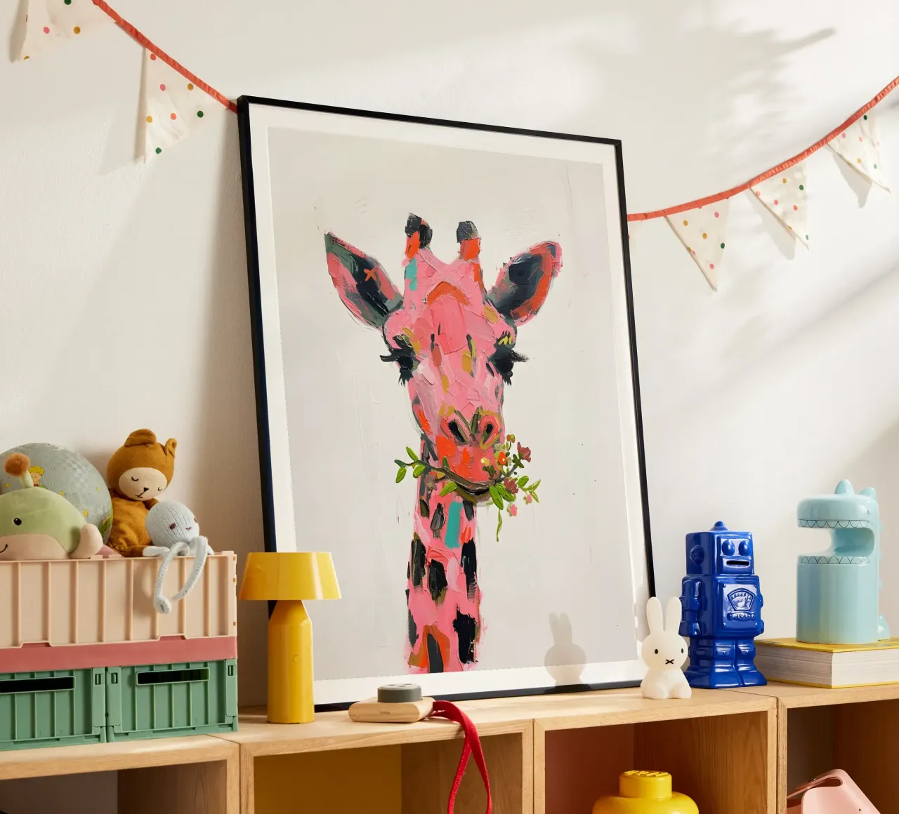Stampa d'arte con impasto di una stravagante giraffa rosa - Pop Art floreale poster con telaio in legno da ClubArt