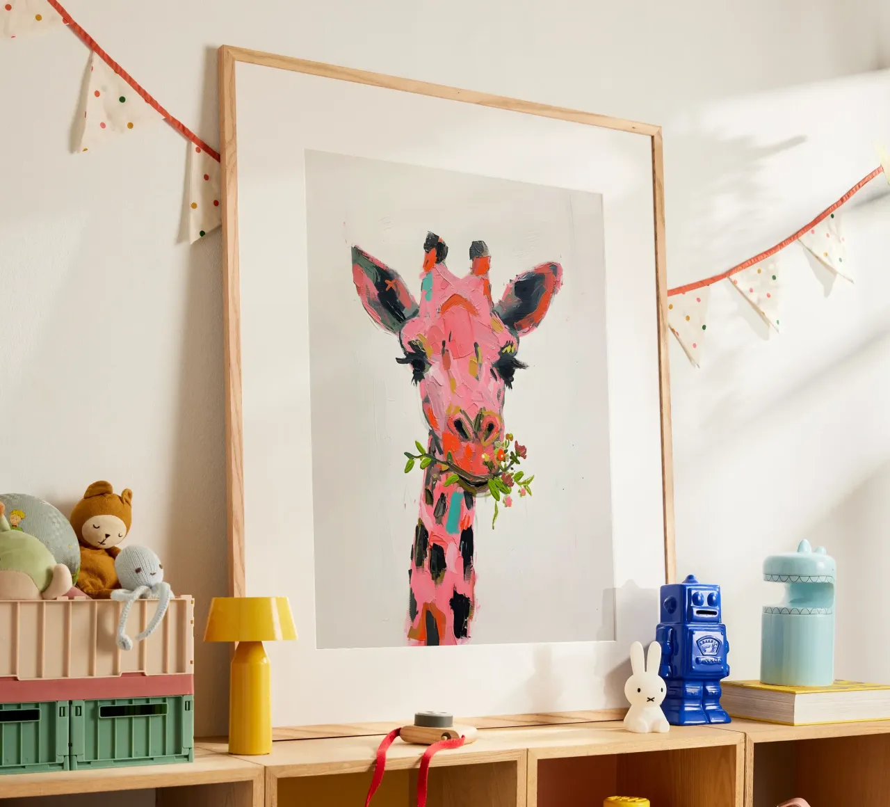 Stampa d'arte con impasto di una stravagante giraffa rosa - Pop Art floreale poster con telaio in legno da ClubArt