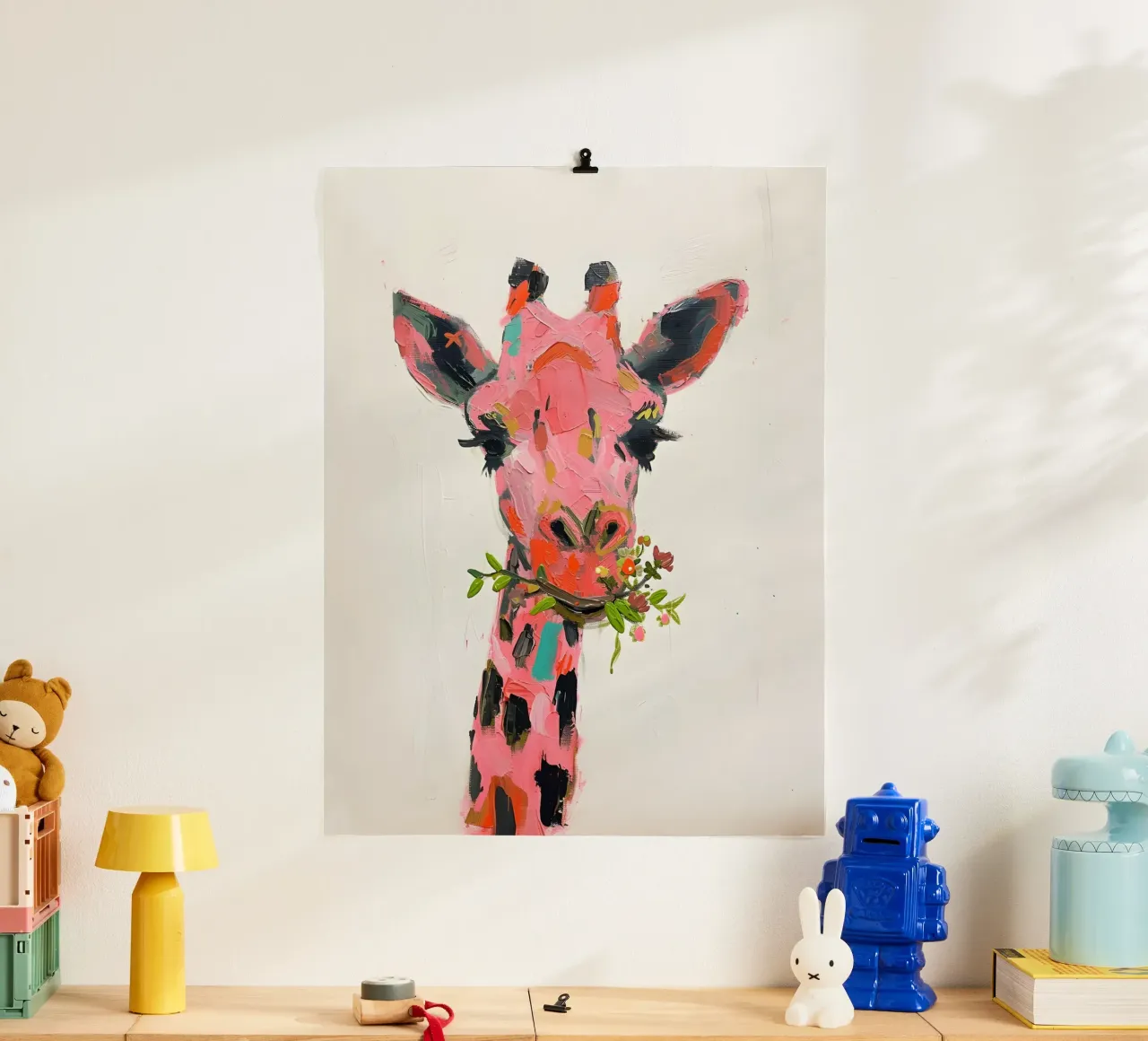Stampa d'arte con impasto di una stravagante giraffa rosa - Pop Art floreale poster con telaio in legno da ClubArt