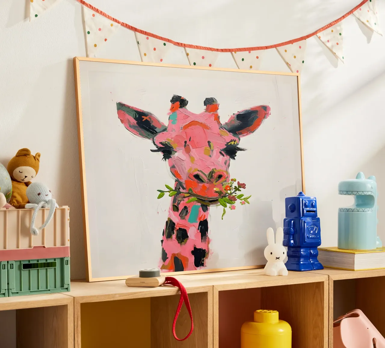 Stampa d'arte con impasto di una stravagante giraffa rosa - Pop Art floreale poster con telaio in legno da ClubArt