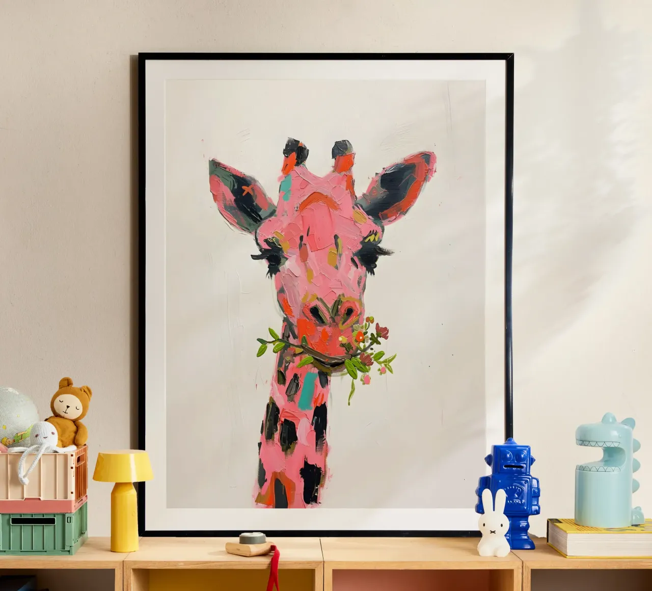 Stampa d'arte con impasto di una stravagante giraffa rosa - Pop Art floreale poster con telaio in legno da ClubArt
