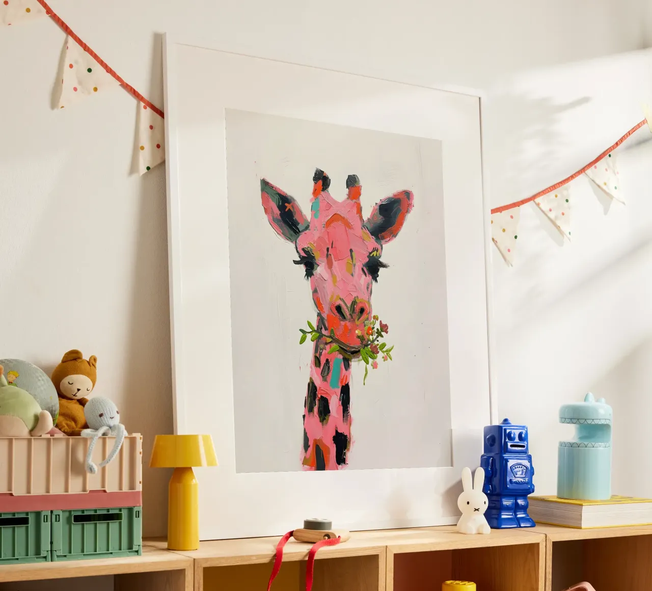 Stampa d'arte con impasto di una stravagante giraffa rosa - Pop Art floreale poster con telaio in legno da ClubArt