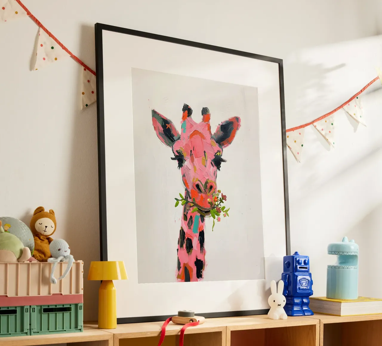 Stampa d'arte con impasto di una stravagante giraffa rosa - Pop Art floreale poster con telaio in legno da ClubArt