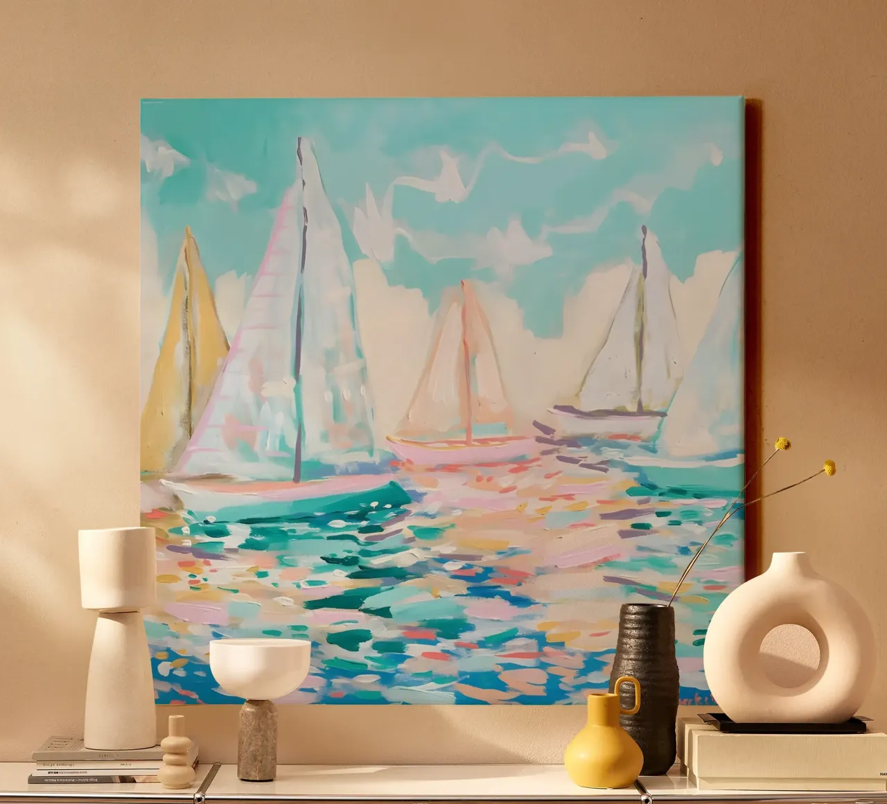 Jessica Mingo Zeilboot Regatta Kunstdruk - Impressionistische Zee canvas met Baklijst van ClubArt