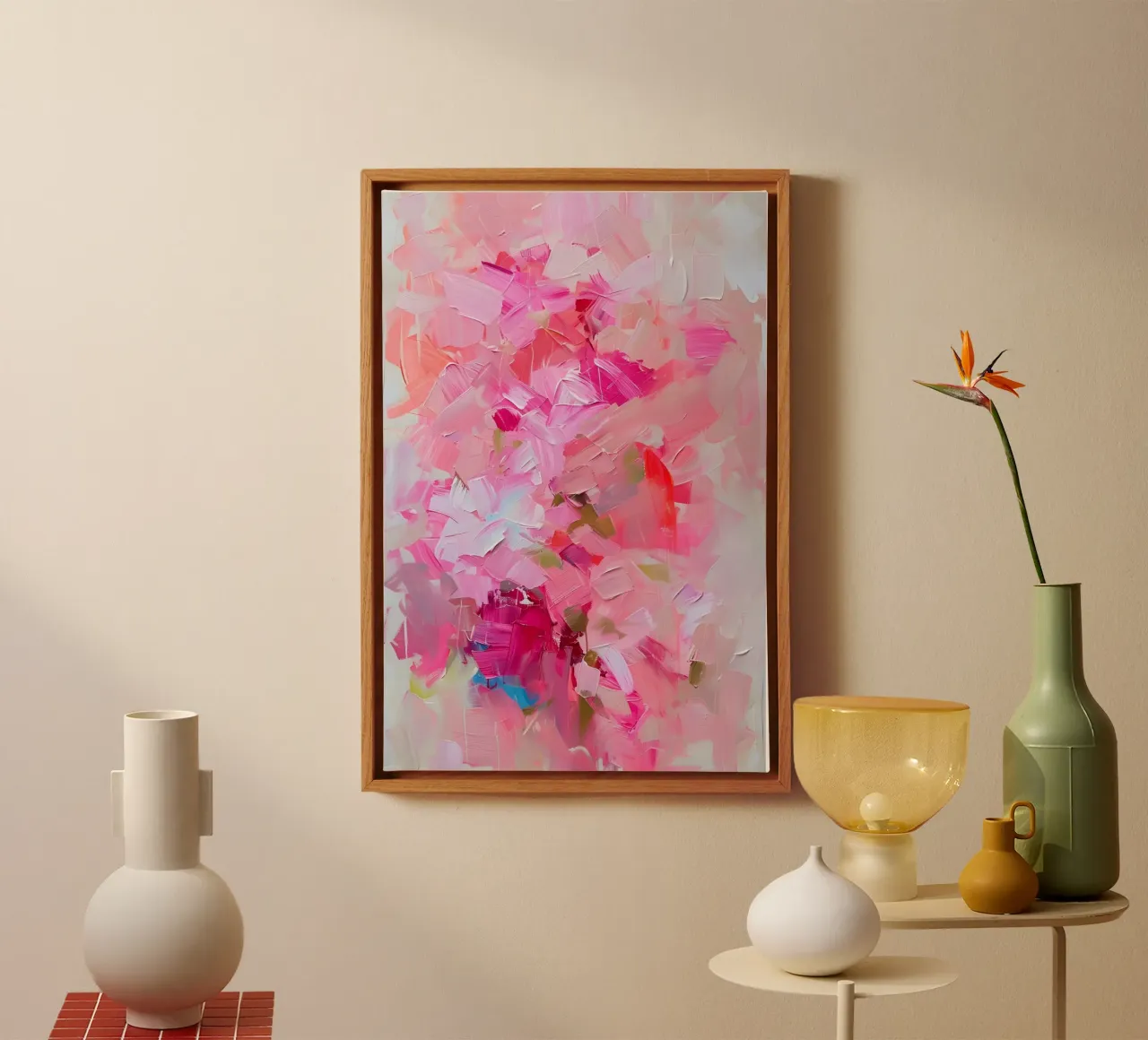 Roze Florale Abstracte Impasto Kunstdruk - Modern Bloom canvas met Baklijst van ClubArt