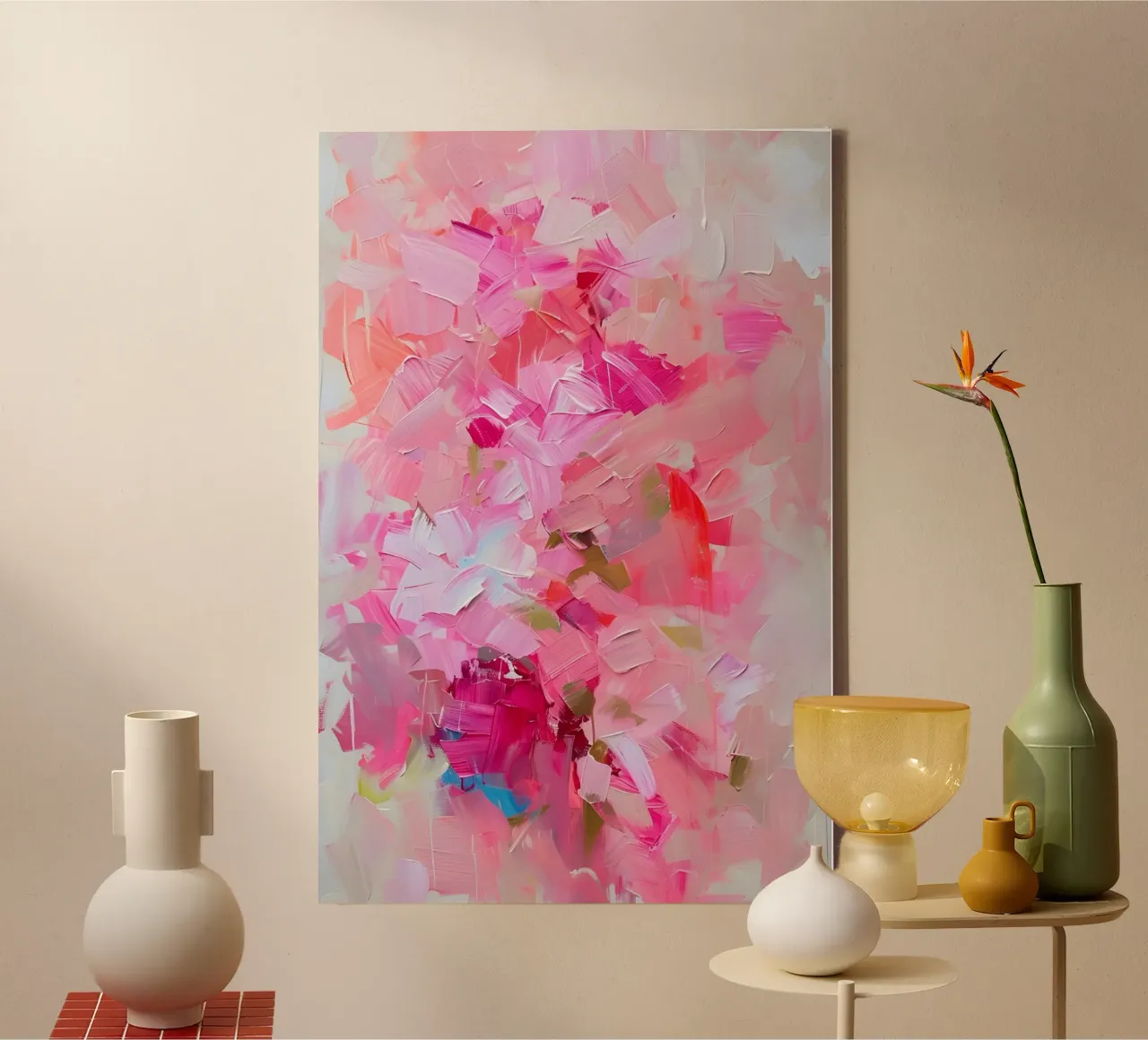 Roze Florale Abstracte Impasto Kunstdruk - Modern Bloom canvas met Baklijst van ClubArt