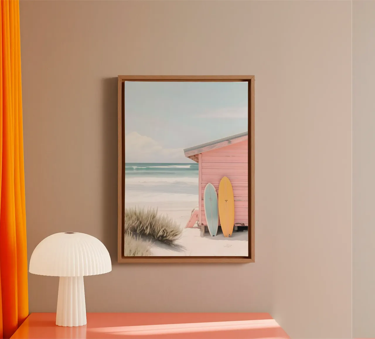 Roze Strandhut Surf Shack Print - Kustesthetiek canvas met Baklijst van ClubArt