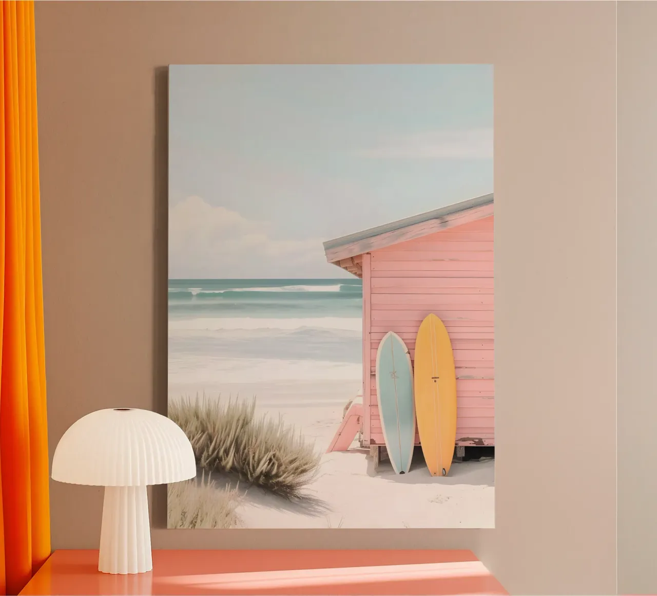 Roze Strandhut Surf Shack Print - Kustesthetiek canvas met Baklijst van ClubArt