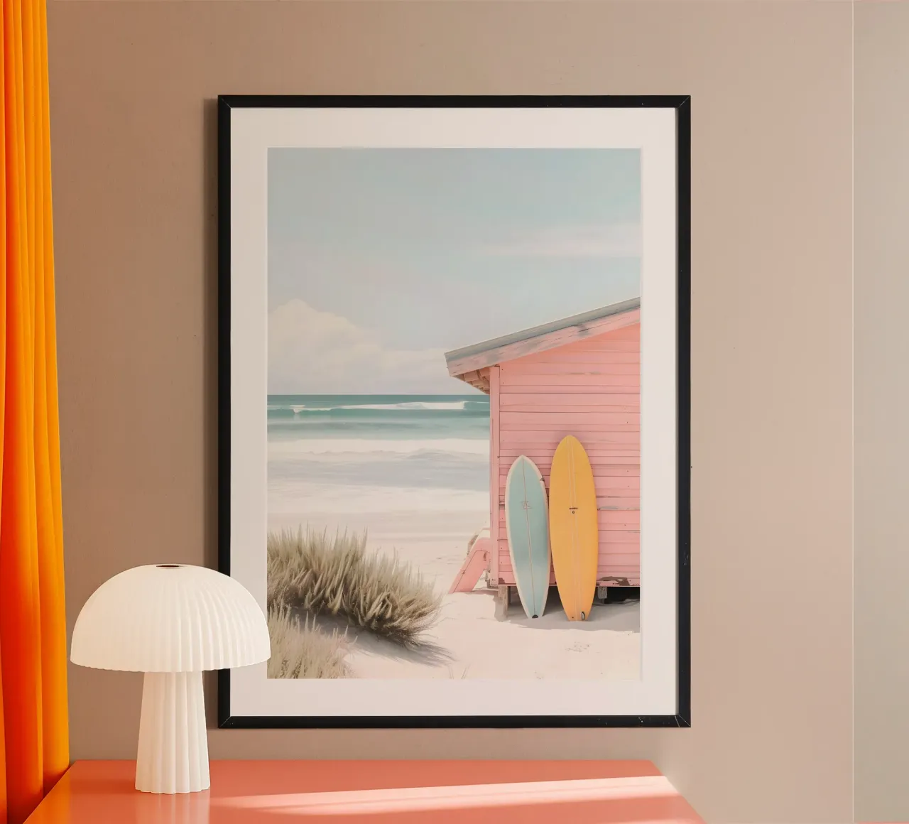 Roze Strandhut Surf Shack Print - Kustesthetiek poster van ClubArt