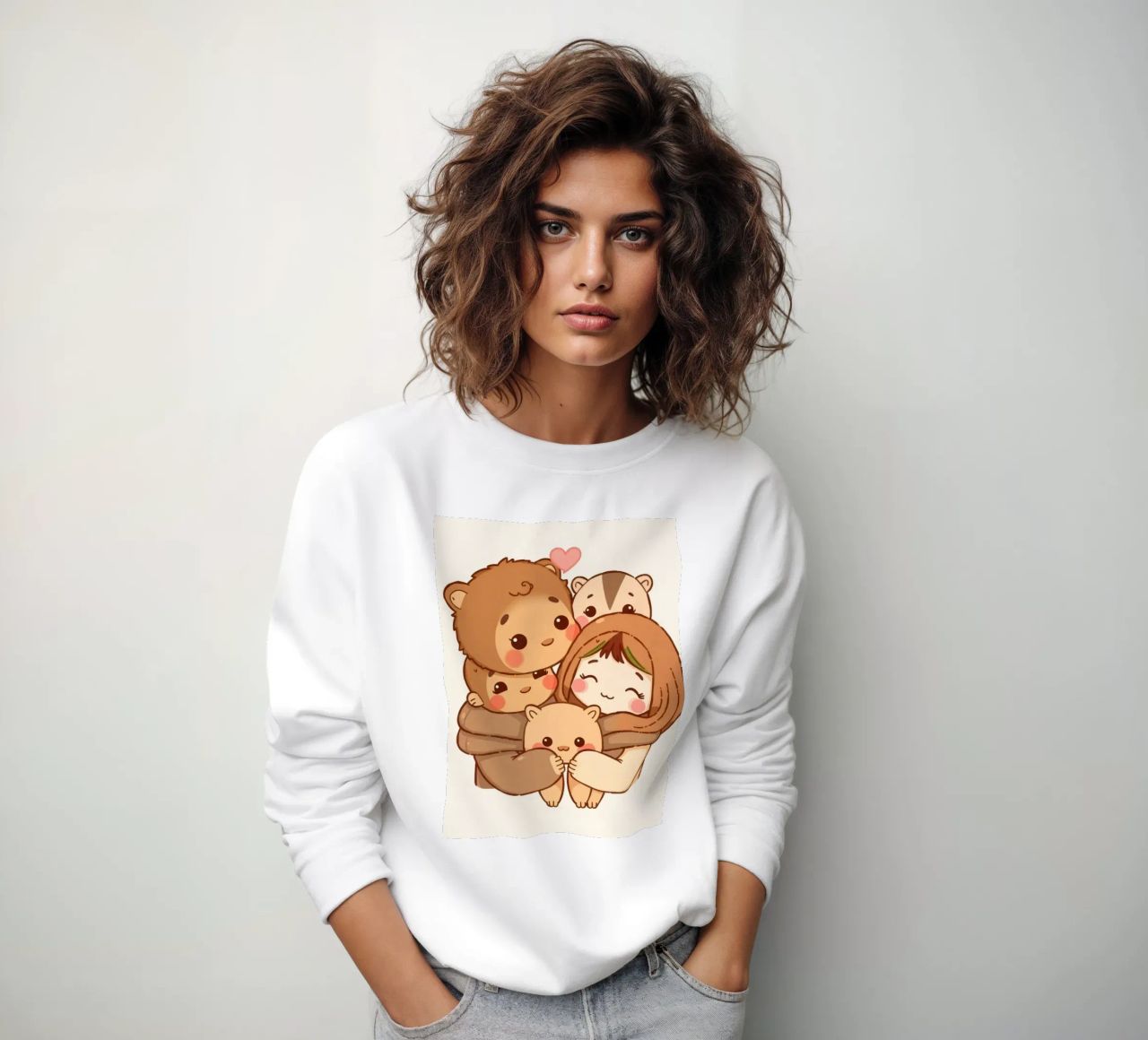 Familia de osos de dibujos animados disfrutando de un cálido abrazo sonriendo sudadera de DesignDoodle