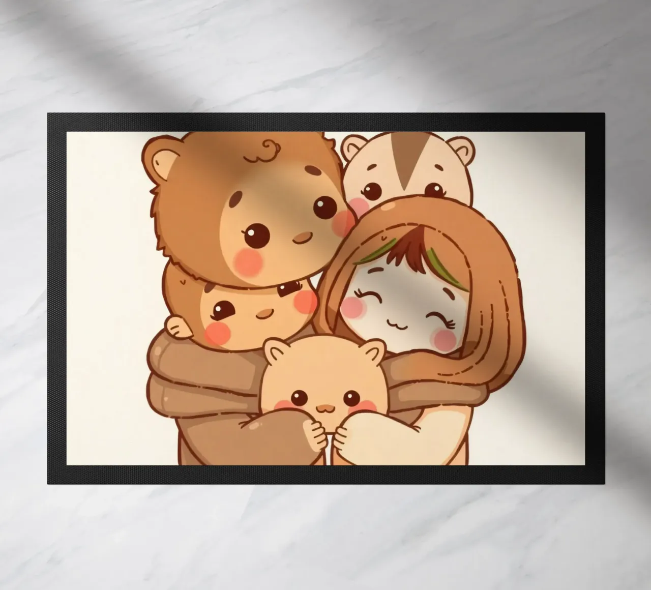 Famiglia di orsi dei cartoni animati che si gode un caldo abbraccio sorridendo zerbino da DesignDoodle