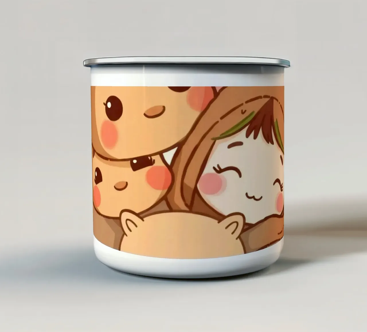 Famiglia di orsi dei cartoni animati che si gode un caldo abbraccio sorridendo tazza in smalto da DesignDoodle