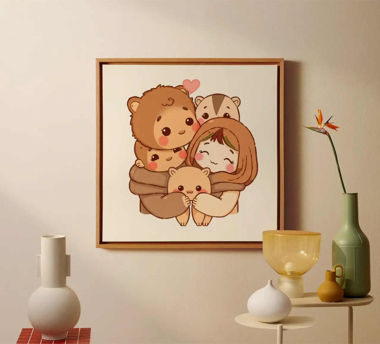 Family of cartoon bears enjoying a warm hug smiling canvas with Floater frame by DesignDoodle