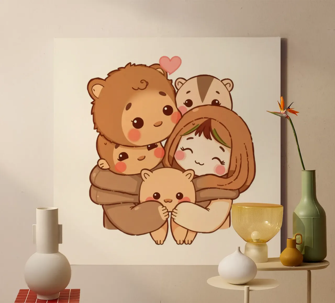 Family of cartoon bears enjoying a warm hug smiling canvas with Floater frame by DesignDoodle
