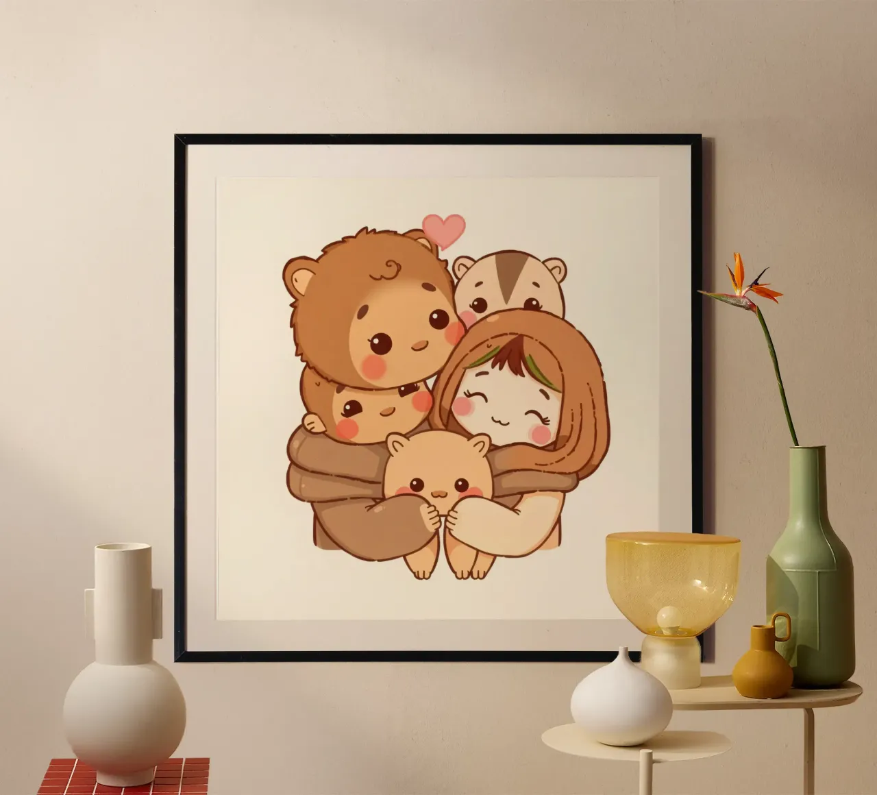 Famiglia di orsi dei cartoni animati che si gode un caldo abbraccio sorridendo poster con telaio in legno da DesignDoodle