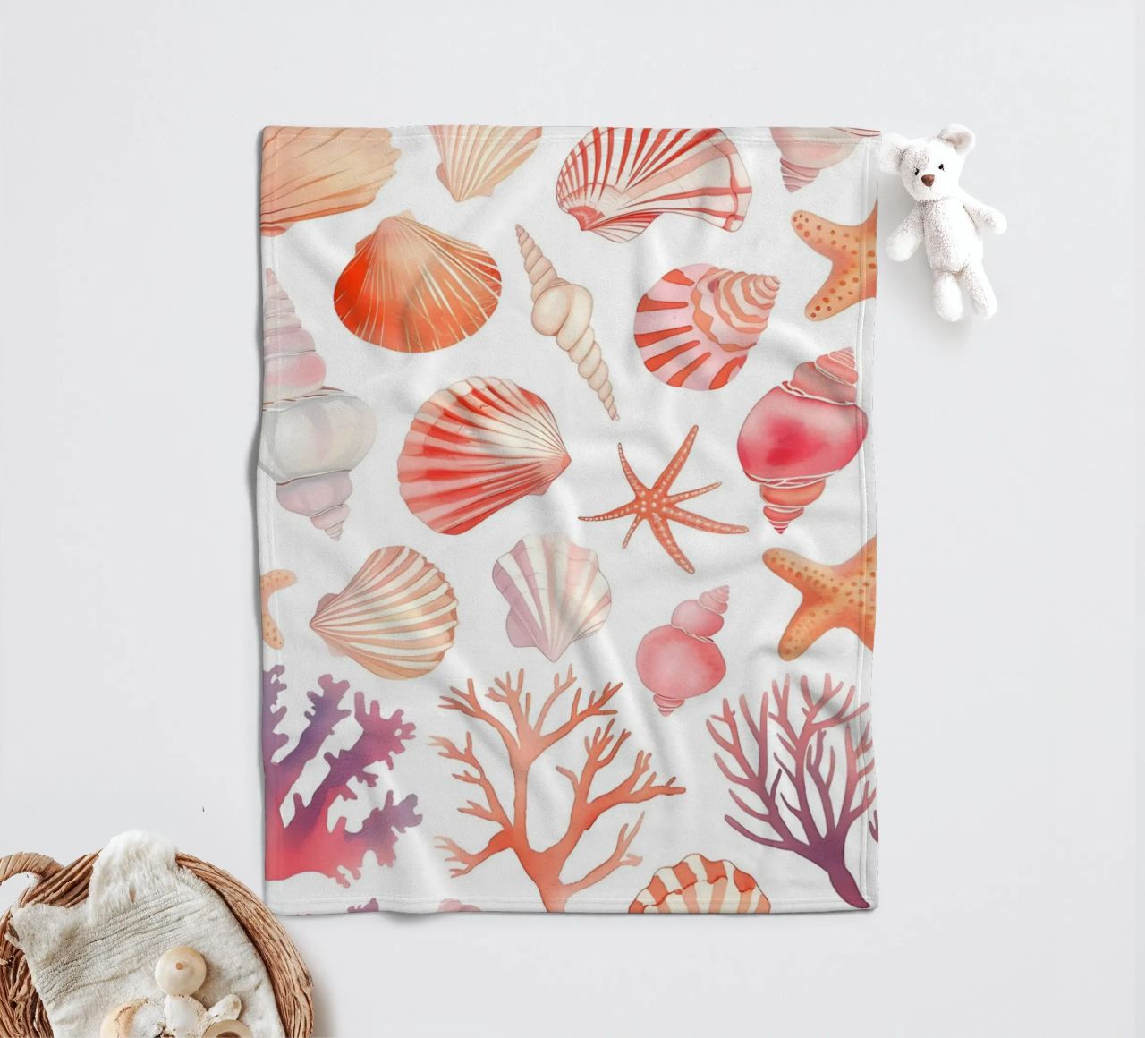 Nautical Seashell & Coral Pattern Print - Coastal Vibes fleece blanket by ClubArt