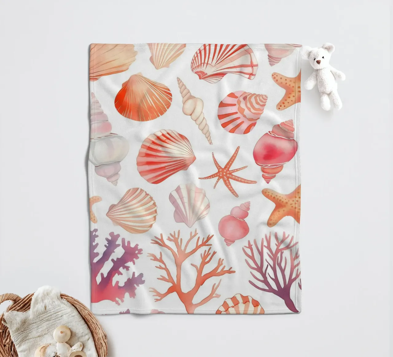 Nautical Seashell & Coral Pattern Print - Coastal Vibes fleece blanket by ClubArt