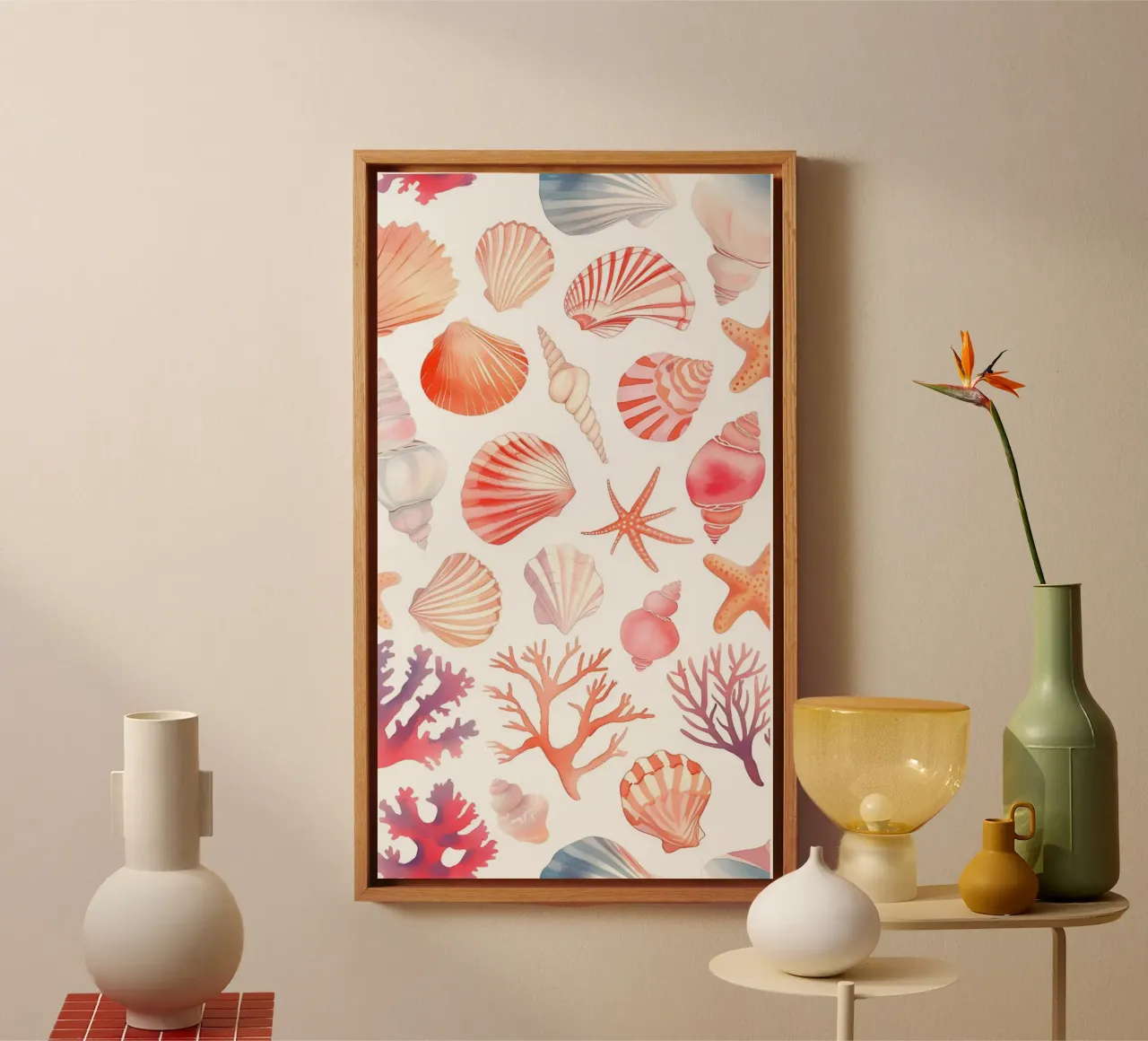 Nautische schelp- en koraalpatroonprint - Coastal Vibes canvas met Baklijst van ClubArt