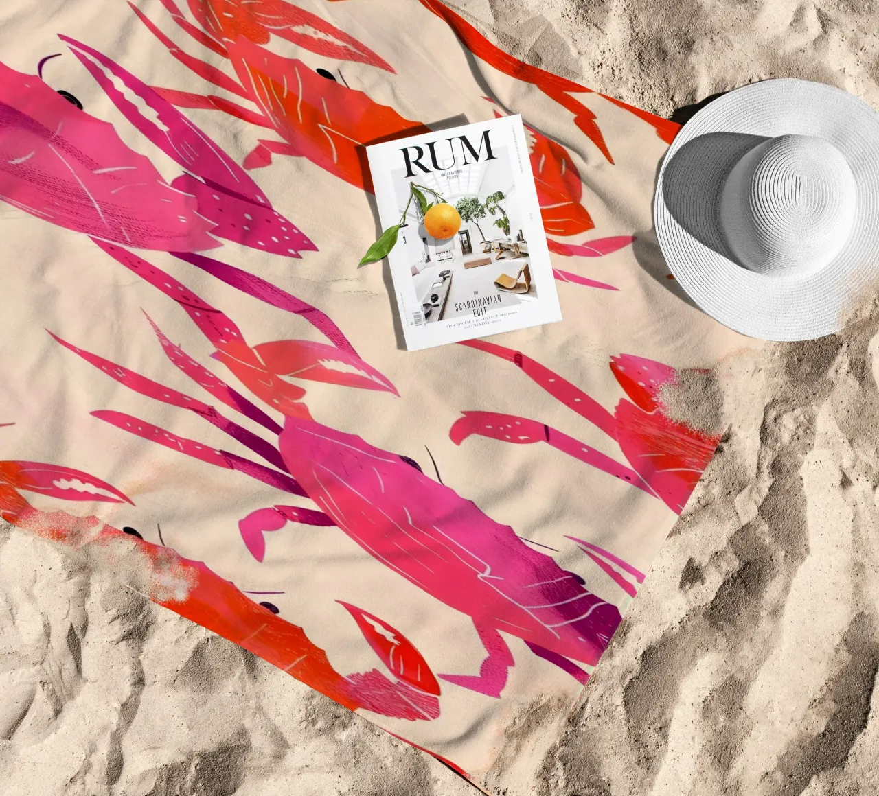 Pink & Orange Crab Pattern Art Print - Coastal Pop beach towel by ClubArt