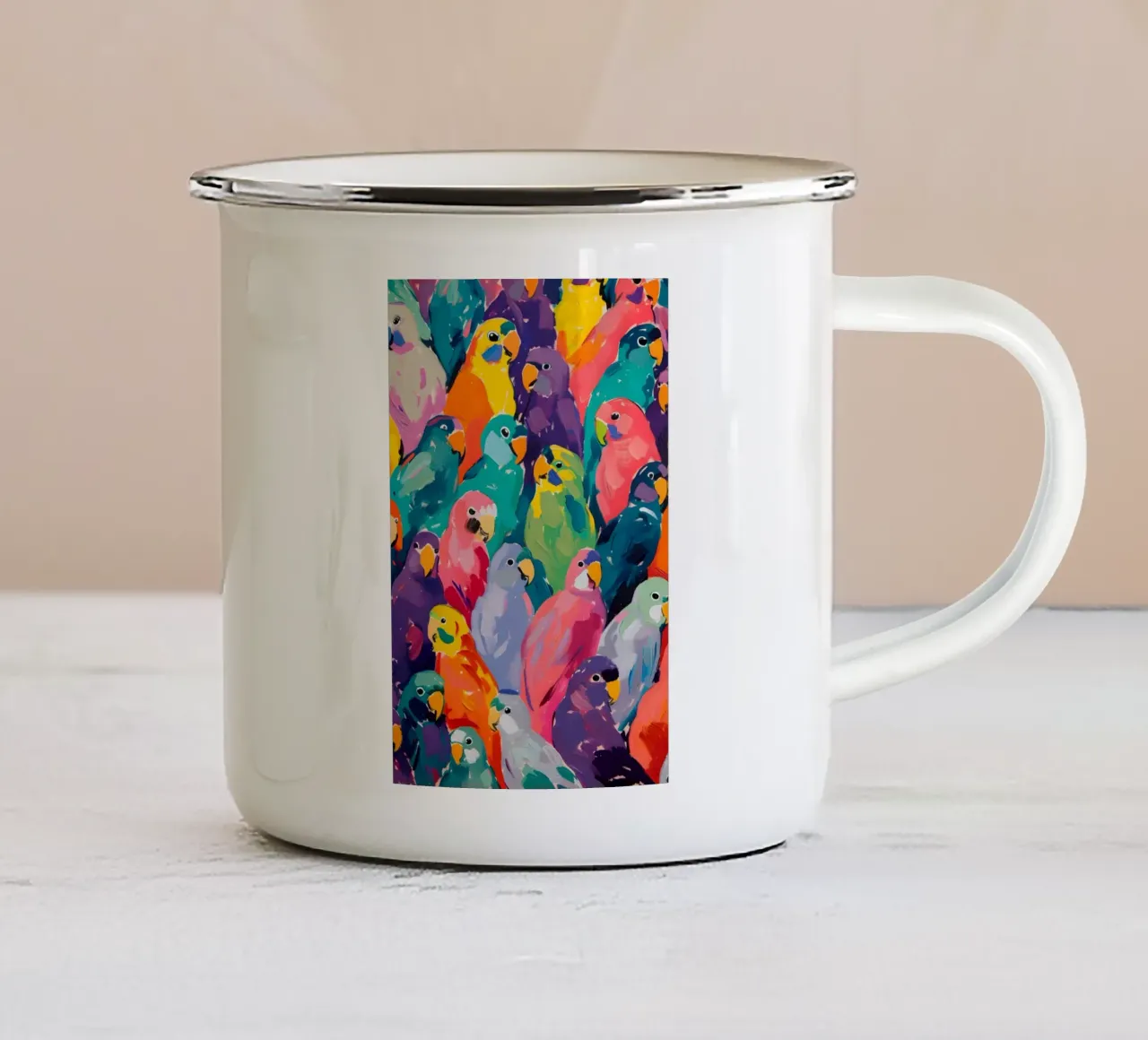 Vibrant Parrot Pop Art Pattern - Tropical Bird Flock enamel mug by ClubArt