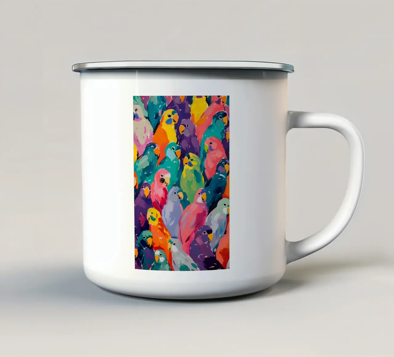 Vibrant Parrot Pop Art Pattern - Tropical Bird Flock enamel mug by ClubArt