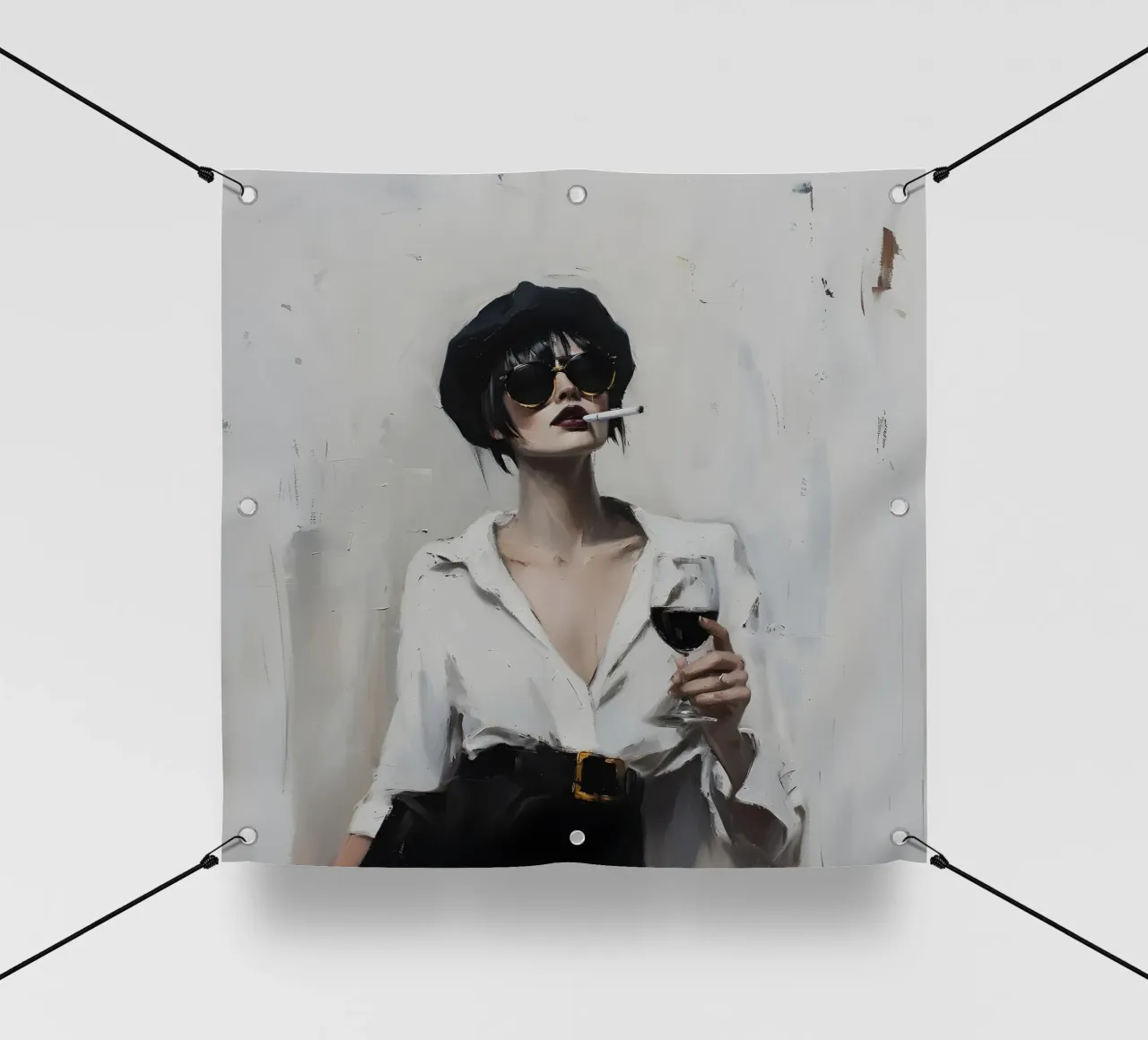 Donna chic con vino e sigaretta - Espressionista moderno telo in pvc da ClubArt