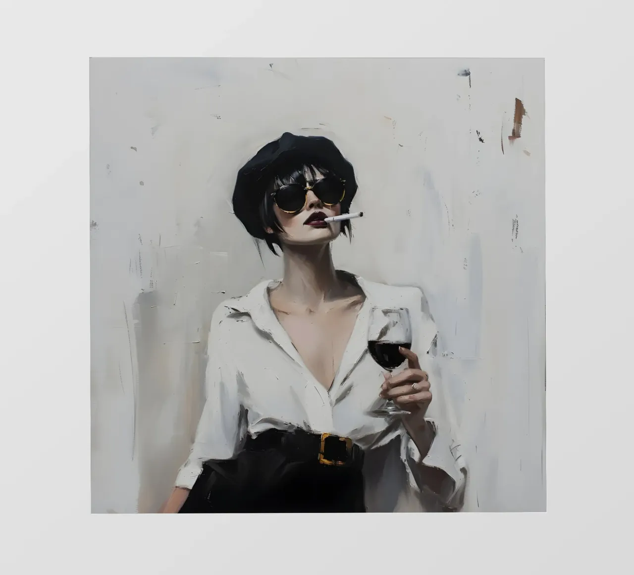 Donna chic con vino e sigaretta - Espressionista moderno telo in pvc da ClubArt