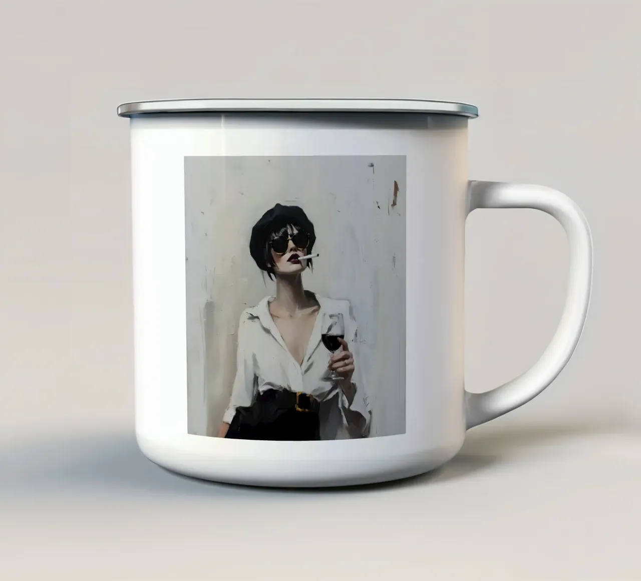 Schicke Frau mit Wein und Zigarette - Moderner Expressionist Emaille Tasse von ClubArt