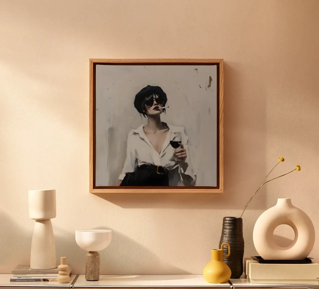 Chic Woman with Wine & Cigarette - Modern Expressionist canvas with Floater frame by ClubArt