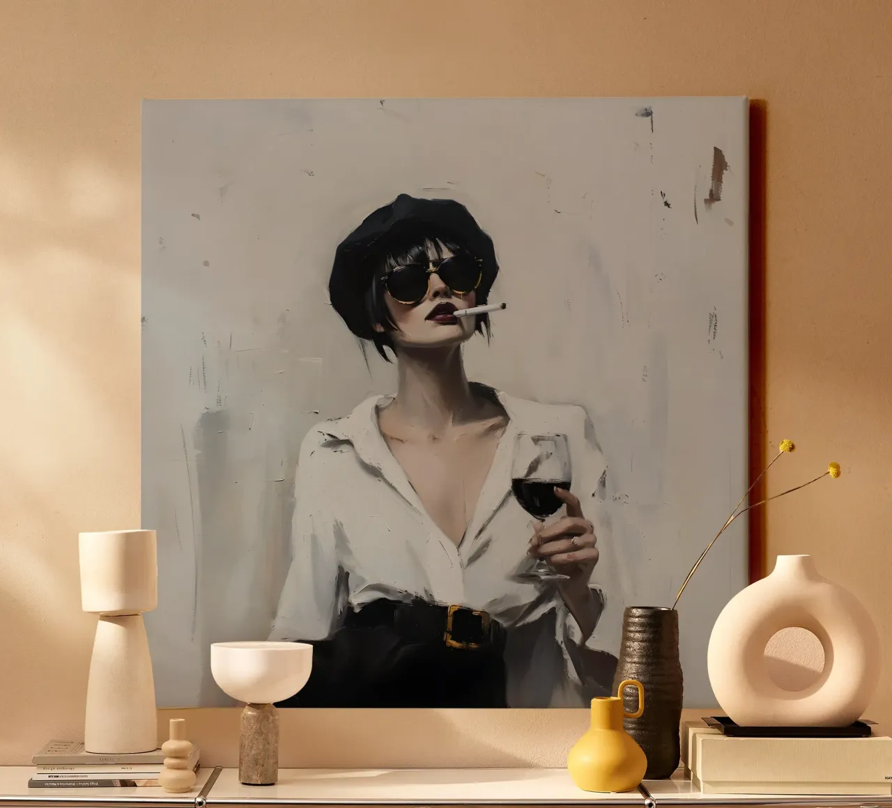 Chic Woman with Wine & Cigarette - Modern Expressionist canvas with Floater frame by ClubArt