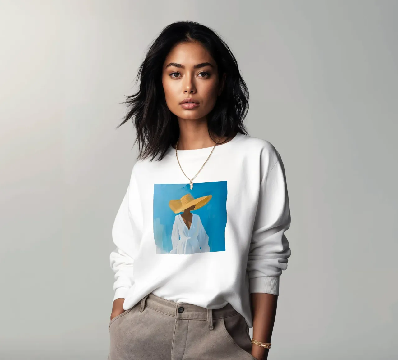 Schicke Frau mit Strohhut Kunstdruck - Blue Summer Vibes Sweatshirt von ClubArt