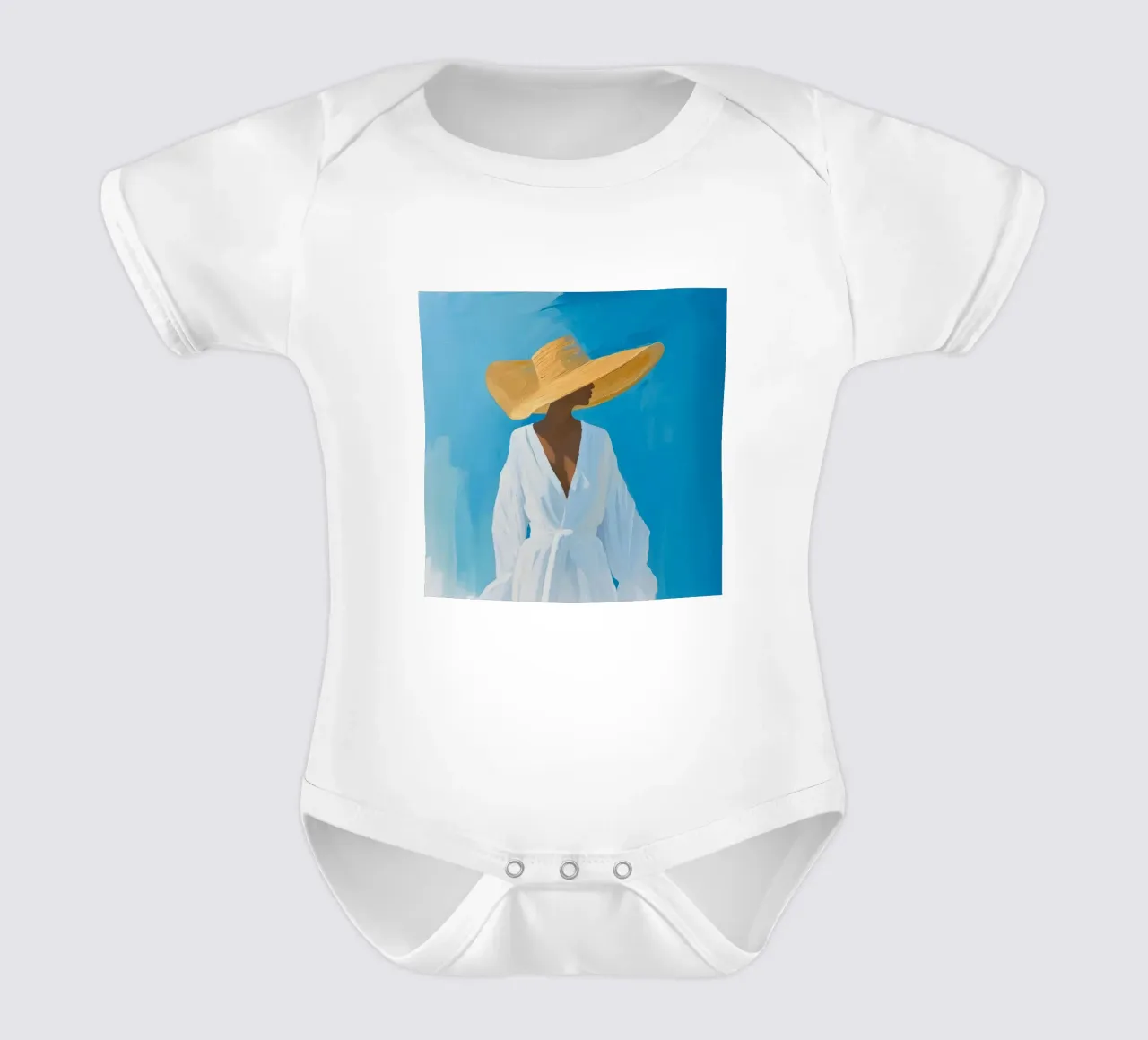 Chic Woman with Straw Hat Art Print - Blue Summer Vibes short-sleeve baby romper by ClubArt