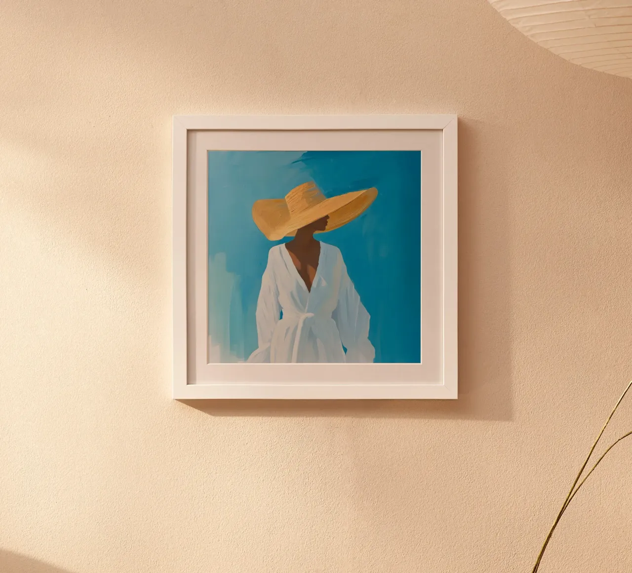 Chique vrouw met strohoed Art Print - Blue Summer Vibes hahnemühle van ClubArt
