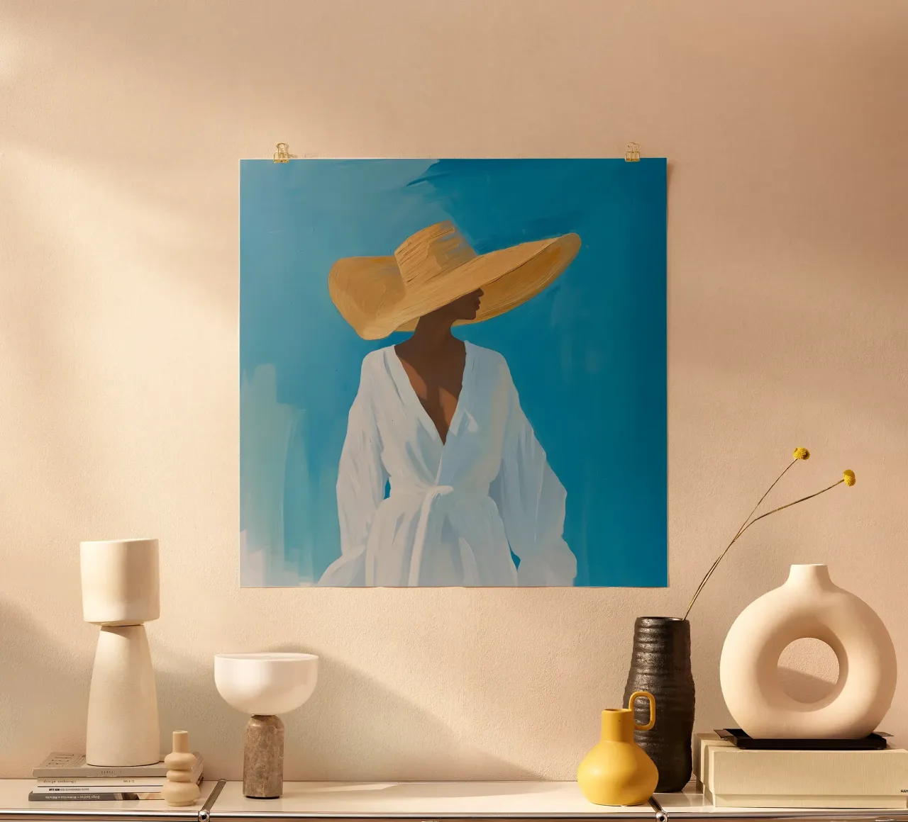 Chique vrouw met strohoed Art Print - Blue Summer Vibes hahnemühle van ClubArt