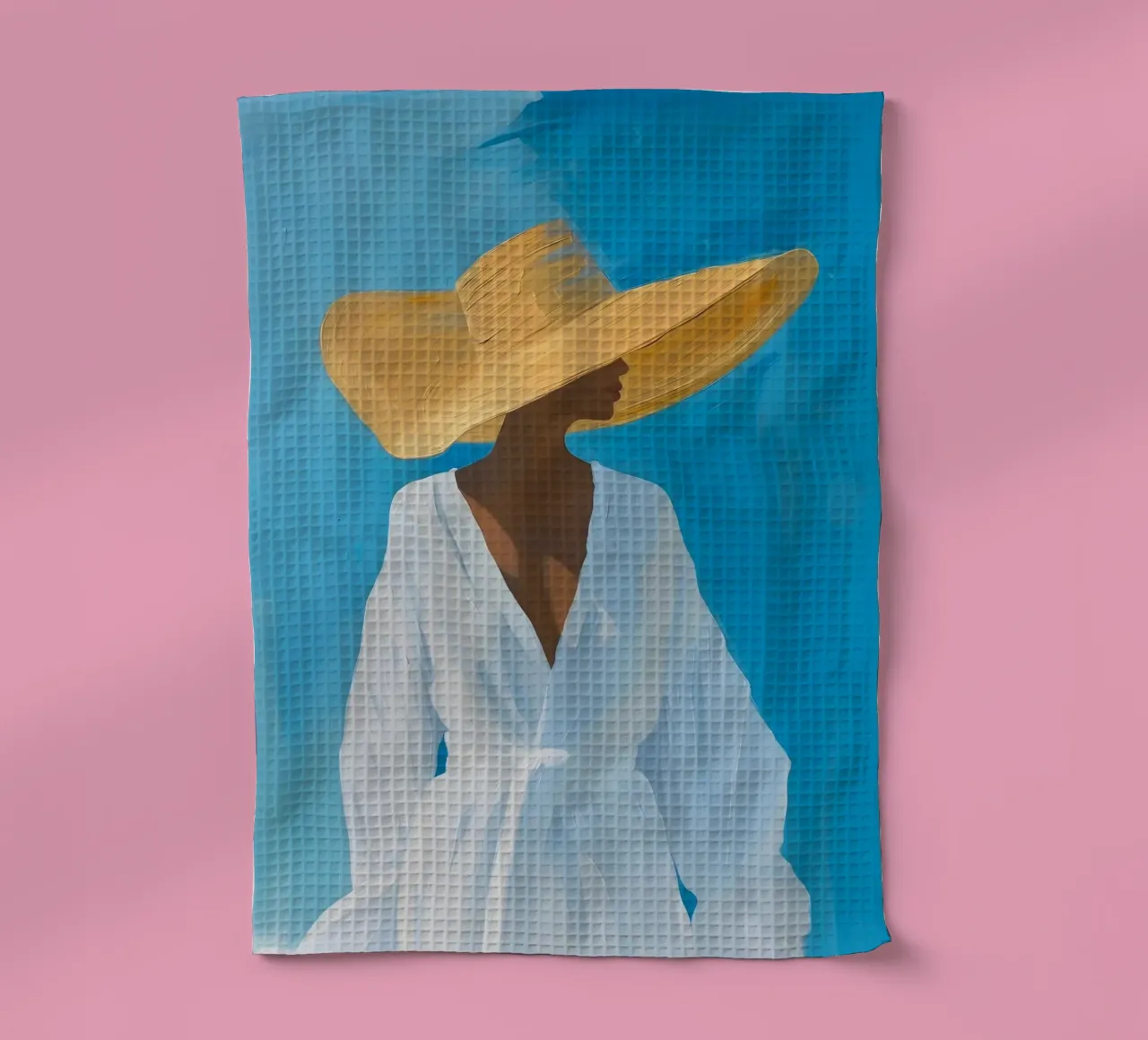 Chic Woman with Straw Hat Art Print - Blue Summer Vibes tea towel by ClubArt