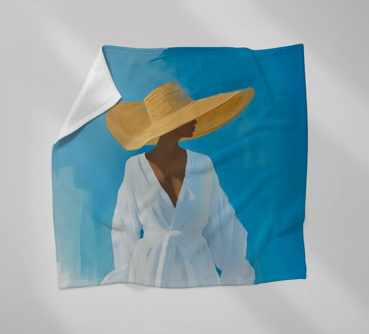 Chic Woman with Straw Hat Art Print - Blue Summer Vibes fleece blanket by ClubArt