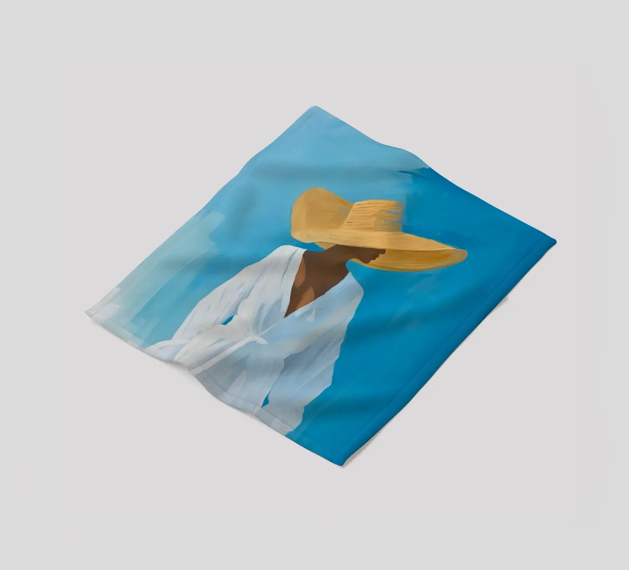 Chic Woman with Straw Hat Art Print - Blue Summer Vibes fleece blanket by ClubArt