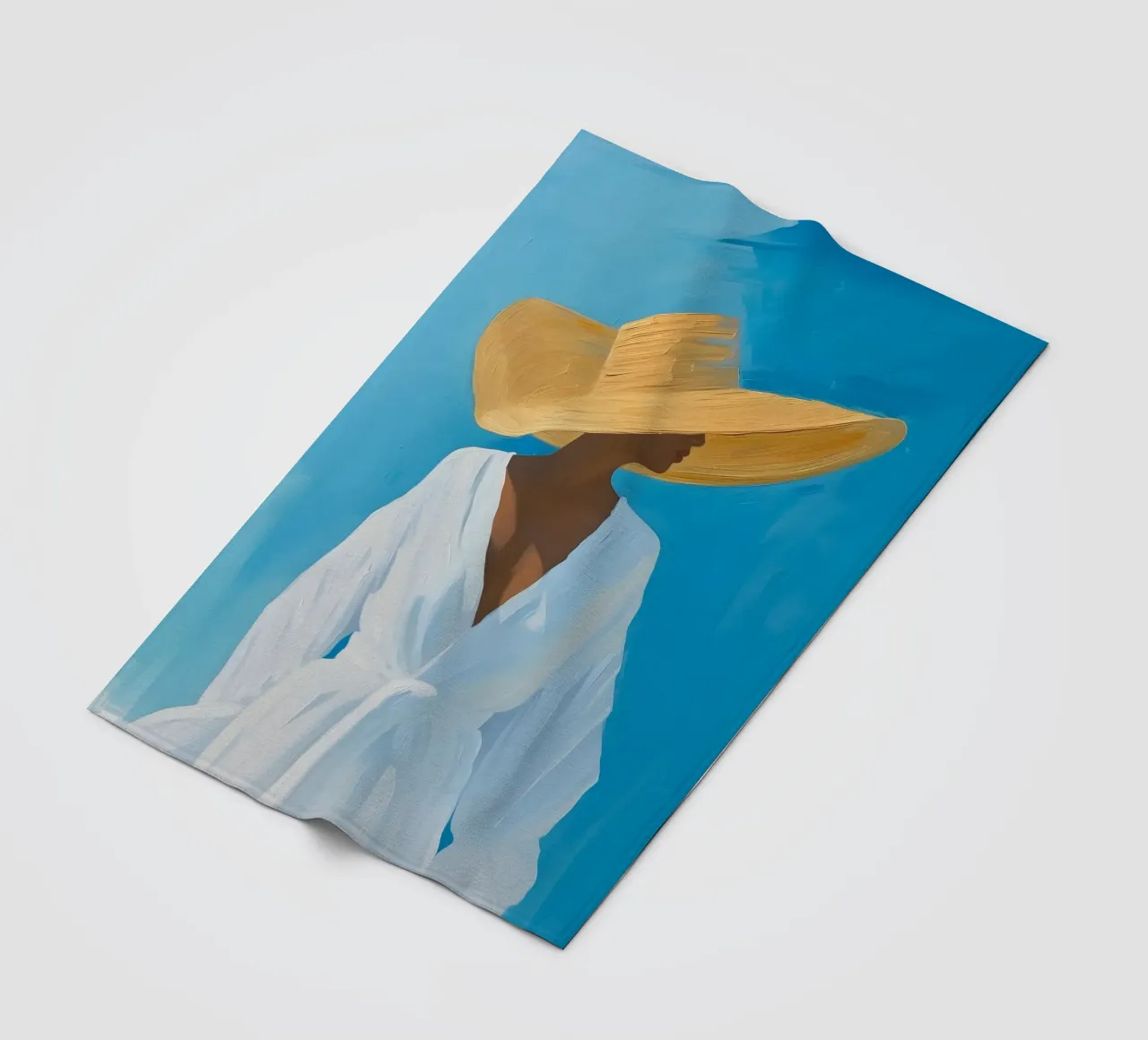 Chic Woman with Straw Hat Art Print - Blue Summer Vibes fleece blanket by ClubArt