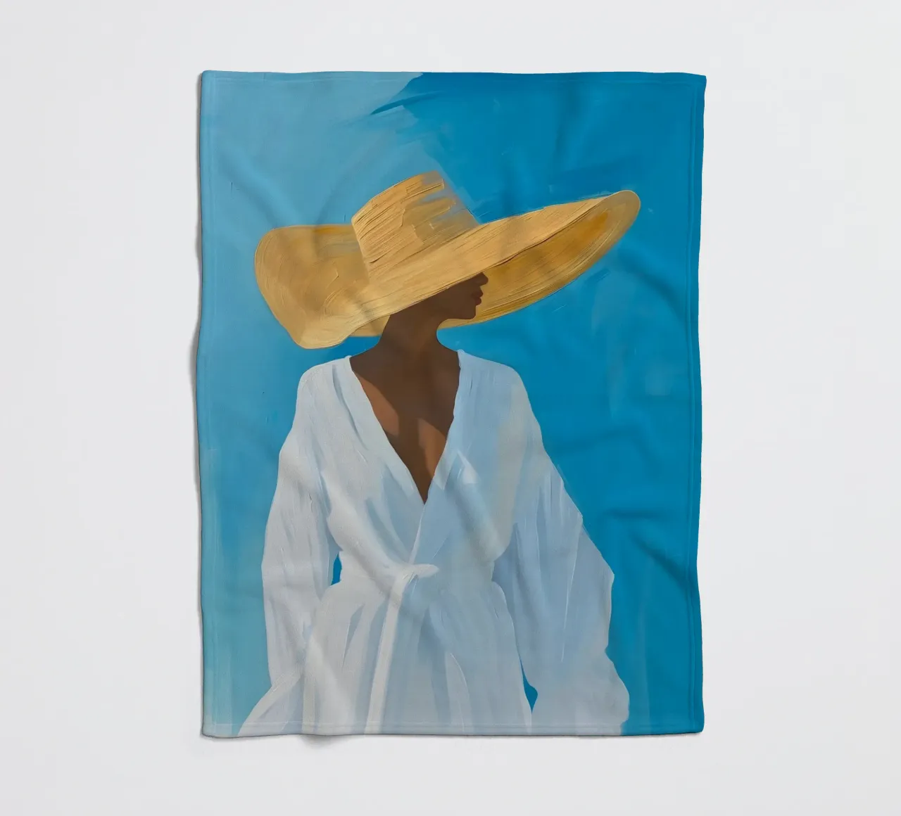 Chic Woman with Straw Hat Art Print - Blue Summer Vibes fleece blanket by ClubArt