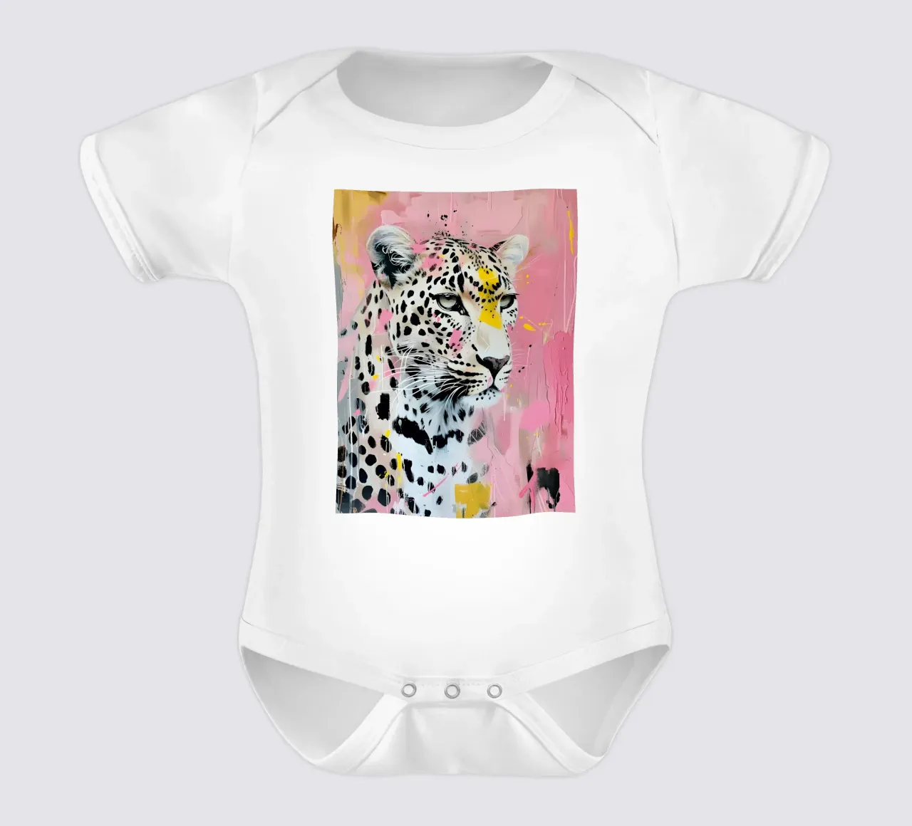 Stampa pop art leopardata vivace - Splatter rosa e giallo body neonato maniche corte da ClubArt