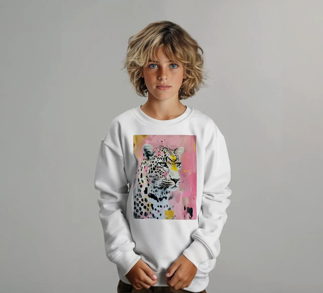 Stampa pop art leopardata vivace - Splatter rosa e giallo felpa bambino da ClubArt