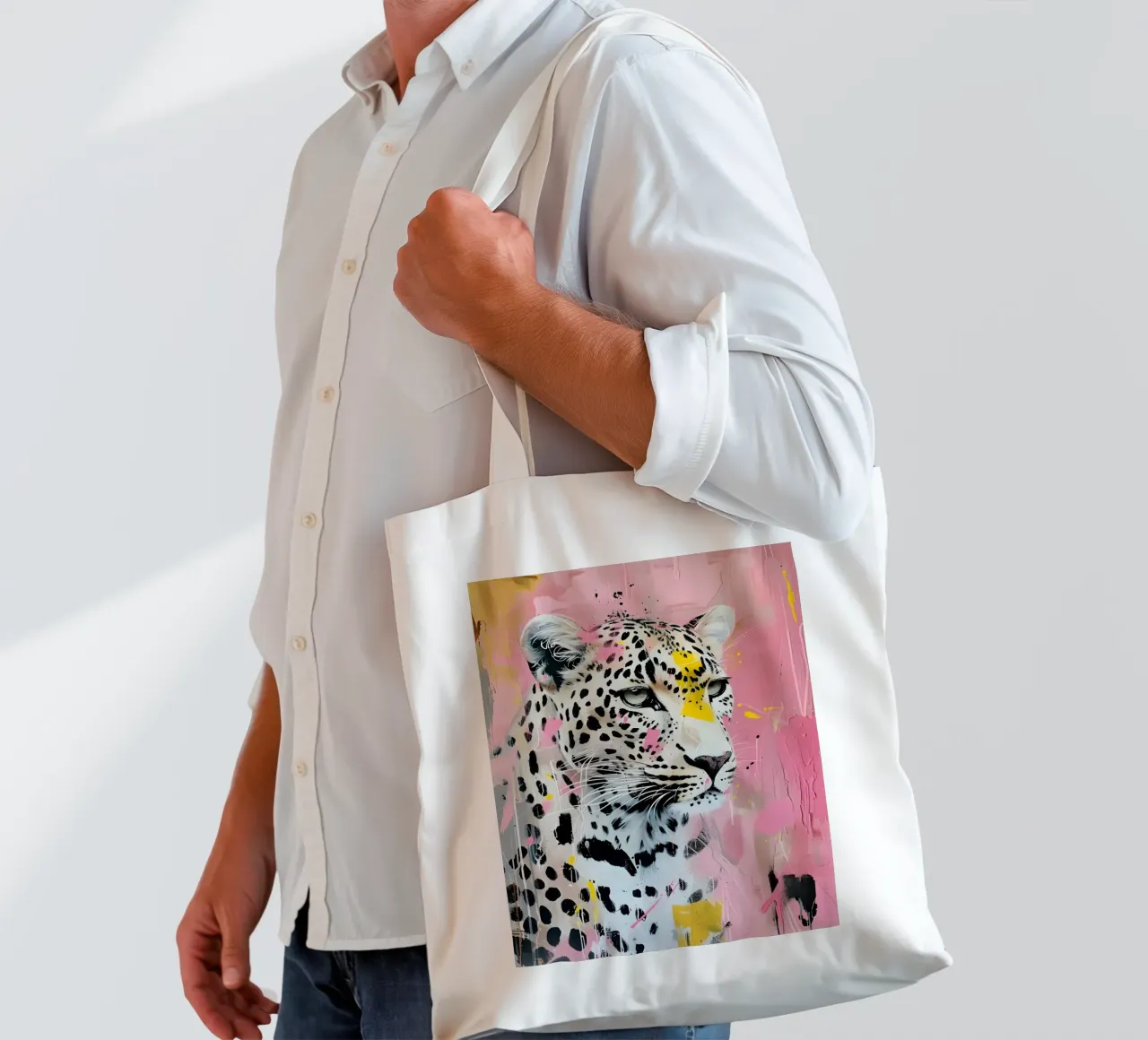 Stampa pop art leopardata vivace - Splatter rosa e giallo borsa in juta da ClubArt