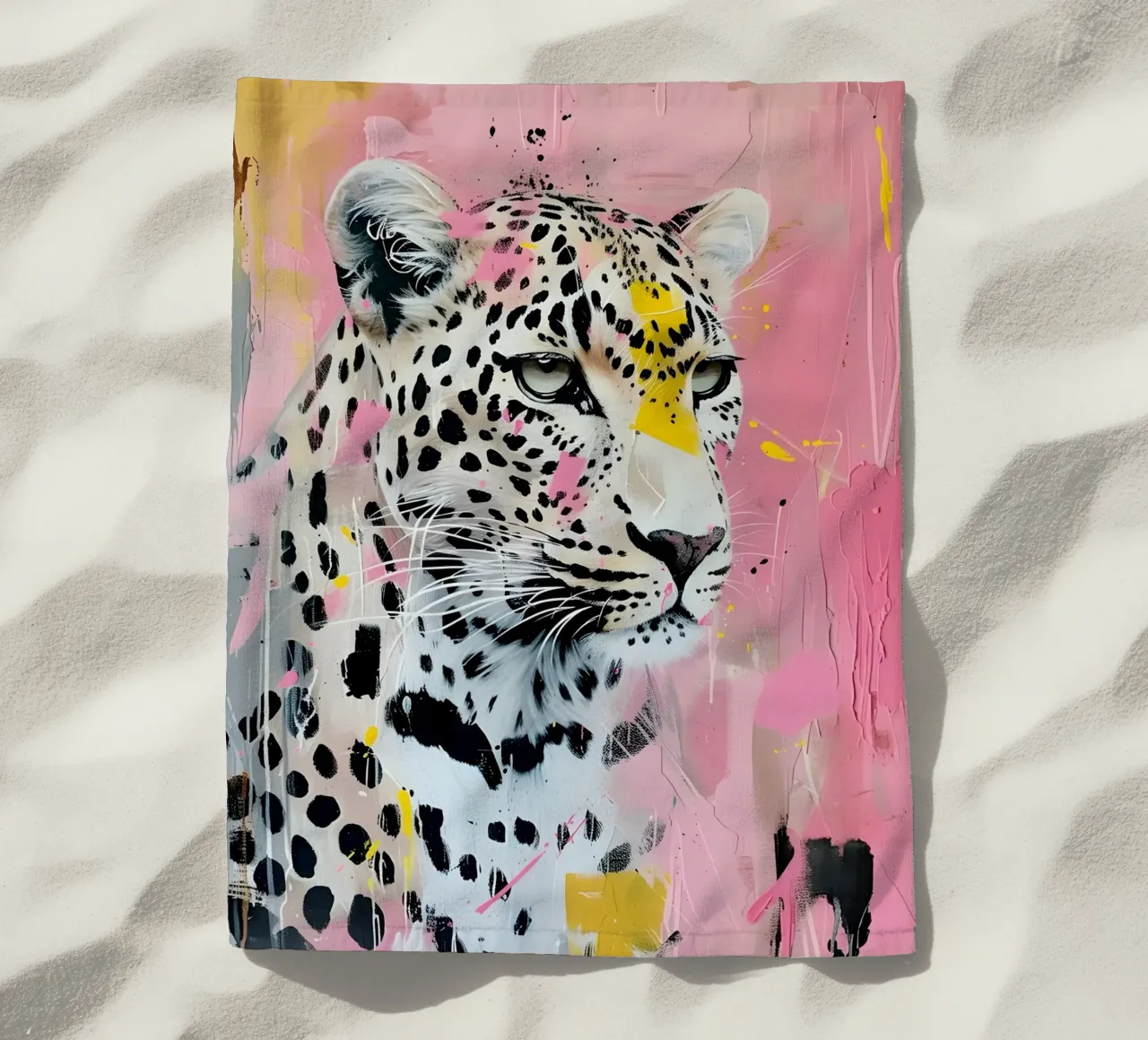 Stampa pop art leopardata vivace - Splatter rosa e giallo telo mare da ClubArt